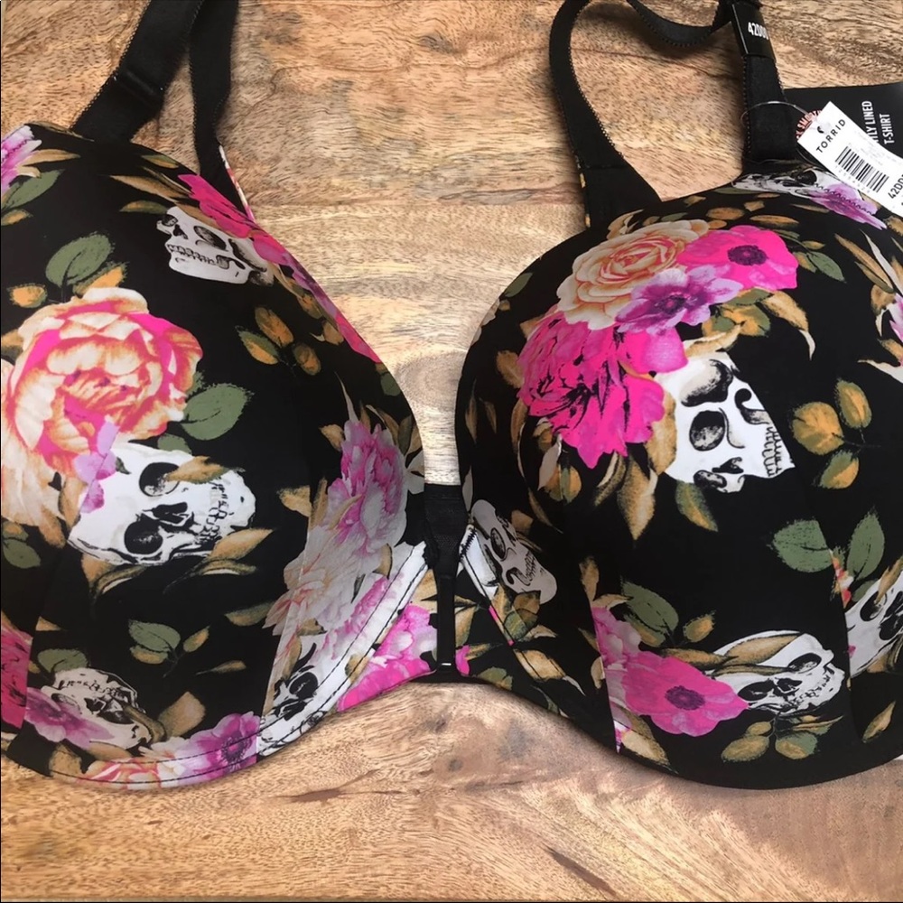Torrid BLACK SKULL FLORAL FRONT CLASP T-SHIRT BRA - Picture 11 of 15